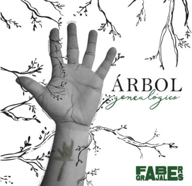 Mano con un árbol genealógico dibujado, fondo blanco y ramas estilizadas.